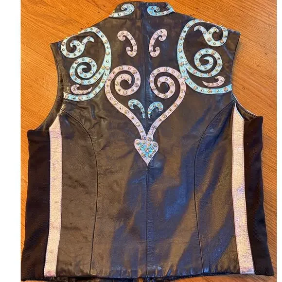 Showtime Design Leather Western Show Vest Brown with Blue/Silver Bling - Size 6